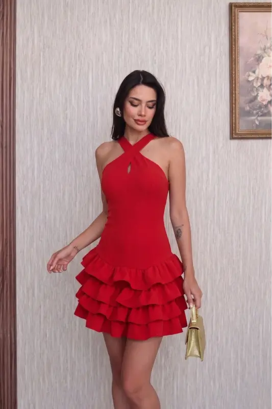 Burgundy Cross Halter Neck Layered Ruffle Detailed Mini Evening/Graduation Dress - REED - Red - 3