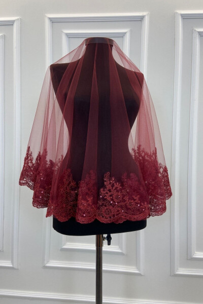 Burgundy Delicate Pattern Sparkling Lace Bridal Veil Set - ZEYMERADE