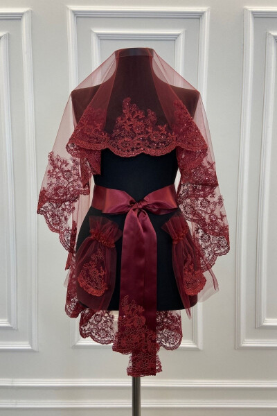 Burgundy Delicate Pattern Sparkling Lace Bridal Veil Set - ZEYMERADE (1)