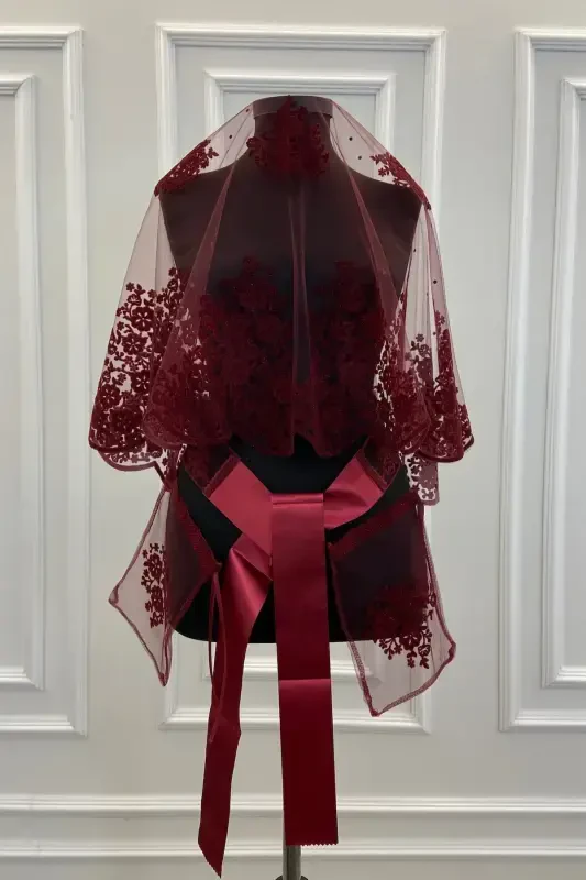 Burgundy Double Pattern Flock Print Glitter Bridal Veil Sash Glove Set-FLOKÇİFTDESENBORDO - 1