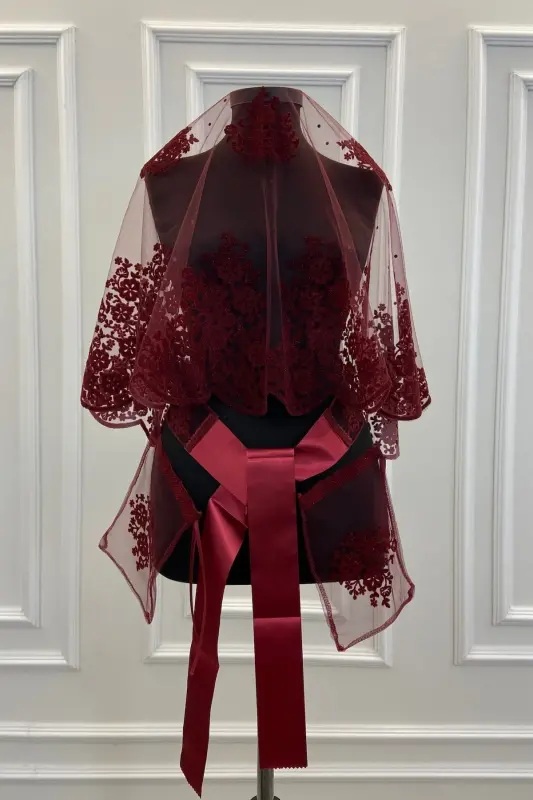 Burgundy Double Pattern Flock Print Glitter Bridal Veil Sash Glove Set-FLOKÇİFTDESENBORDO - 1