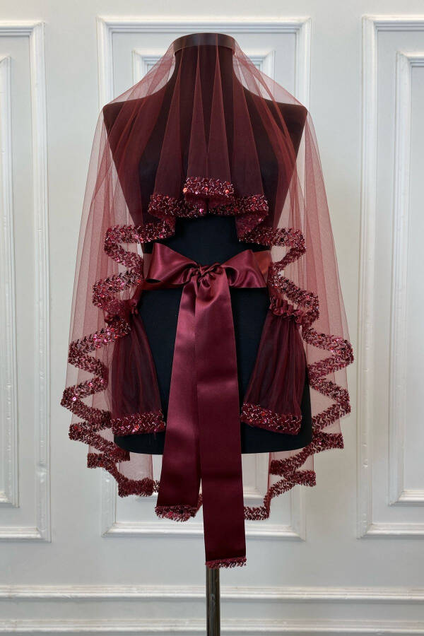 Burgundy Elegant Bridal Veil Set, Rhinestone Henna Veil Set 6 Pieces, Sequins - 43