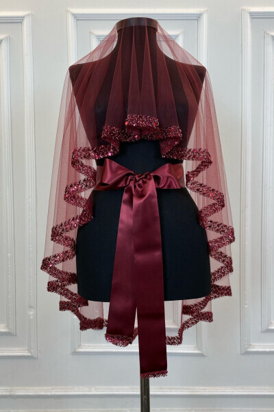 Burgundy Elegant Bridal Veil Set, Rhinestone Henna Veil Set 6 Pieces, Sequins - 47