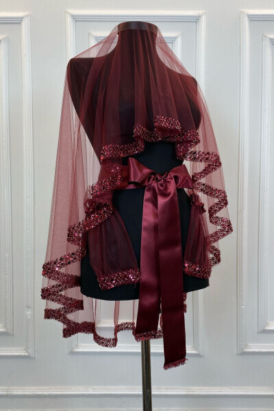 Burgundy Elegant Bridal Veil Set, Rhinestone Henna Veil Set 6 Pieces, Sequins - 26