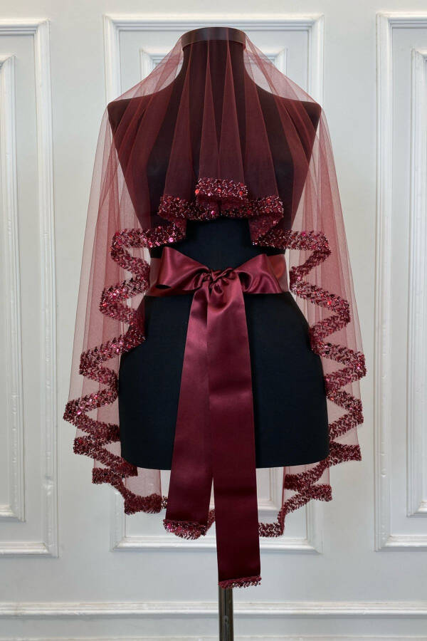 Burgundy Elegant Bridal Veil Set, Rhinestone Henna Veil Set 6 Pieces, Sequins - 15