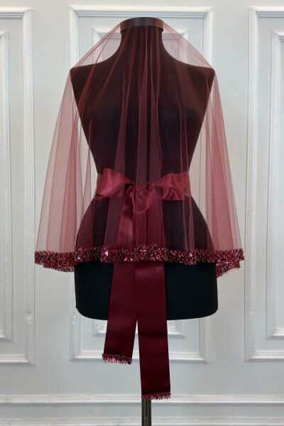 Burgundy Elegant Bridal Veil Set, Rhinestone Henna Veil Set 6 Pieces, Sequins - 16