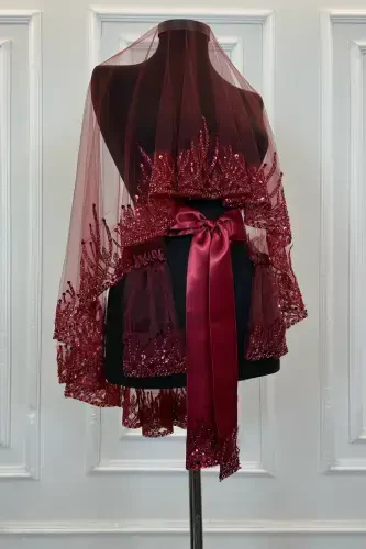 Burgundy Flame Pattern Bridal Veil Set, Sequined Beaded Rhinestone Henna Veil Set 6 Pieces-Burgundy - 1