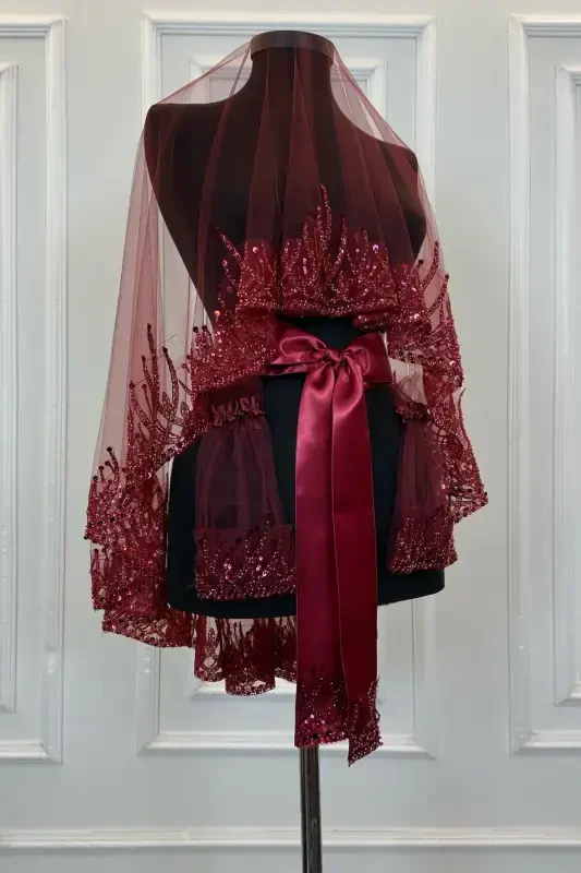 Burgundy Flame Pattern Bridal Veil Set, Sequined Beaded Rhinestone Henna Veil Set 6 Pieces-Burgundy - 1