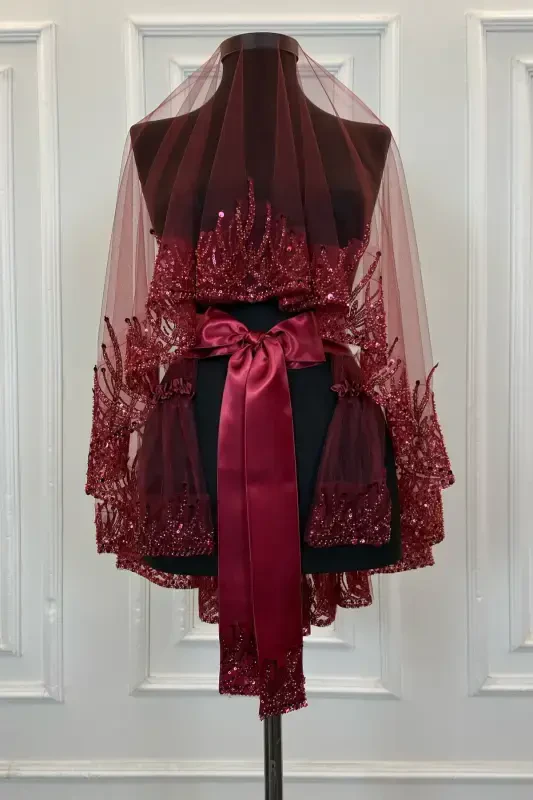 Burgundy Flame Pattern Bridal Veil Set, Sequined Beaded Rhinestone Henna Veil Set 6 Pieces-Burgundy - 2