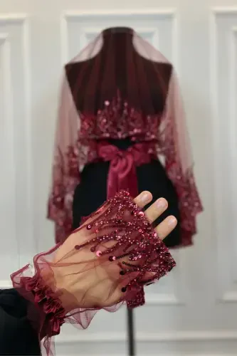 Burgundy Flame Pattern Bridal Veil Set, Sequined Beaded Rhinestone Henna Veil Set 6 Pieces-Burgundy - 3