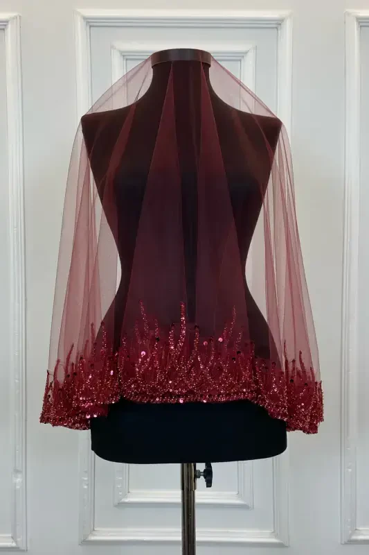 Burgundy Flame Pattern Bridal Veil Set, Sequined Beaded Rhinestone Henna Veil Set 6 Pieces-Burgundy - 6