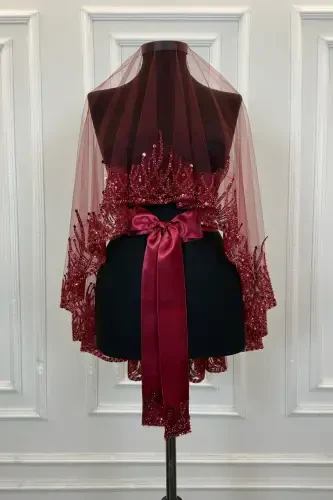 Burgundy Flame Pattern Bridal Veil Set, Sequined Beaded Rhinestone Henna Veil Set 6 Pieces-Burgundy - 7