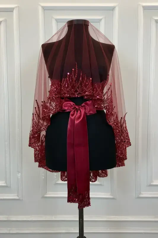 Burgundy Flame Pattern Bridal Veil Set, Sequined Beaded Rhinestone Henna Veil Set 6 Pieces-Burgundy - 7