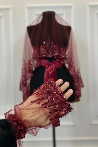 Burgundy Flame Pattern Bridal Veil Set, Sequined Beaded Rhinestone Henna Veil Set 6 Pieces-Burgundy - 10