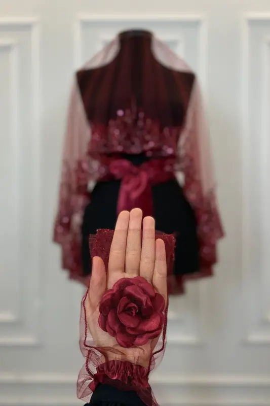 Burgundy Flame Pattern Bridal Veil Set, Sequined Beaded Rhinestone Henna Veil Set 6 Pieces-Burgundy - 11