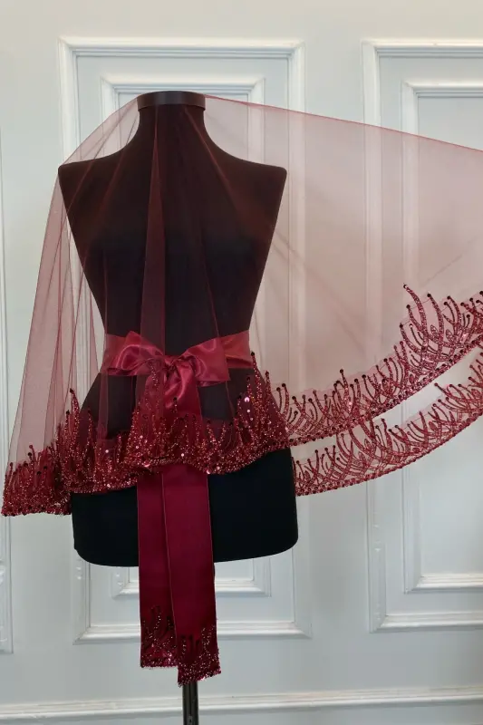 Burgundy Flame Pattern Bridal Veil Set, Sequined Beaded Rhinestone Henna Veil Set 6 Pieces-Burgundy - 6