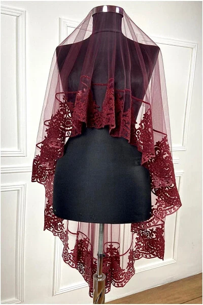 Burgundy Flock Print Bridal Veil Henna Ceremony Face Veil - ZEYMERADE
