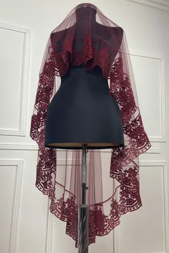 Burgundy Flock Print Bridal Veil Henna Ceremony Face Veil - 2