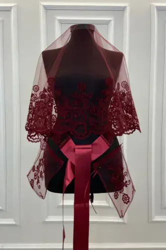 Burgundy Floral Pattern Flock Print Glitter Bridal Veil Sash Gloves Set-FLOKÇİÇEKBORDO - 1