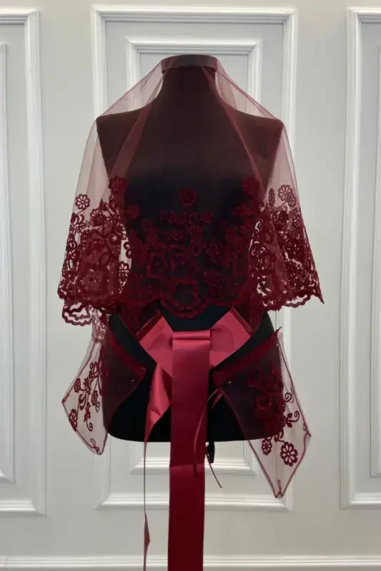 Burgundy Floral Pattern Flock Print Glitter Bridal Veil Sash Gloves Set-FLOKÇİÇEKBORDO - 1