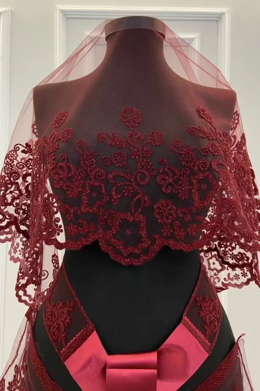 Burgundy Floral Pattern Flock Print Glitter Bridal Veil Sash Gloves Set-FLOKÇİÇEKBORDO - 2