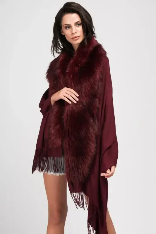 Burgundy Fur Trim Poncho NW11293 - 1