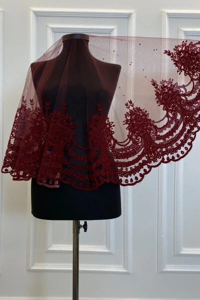 Burgundy Glitter Complete Sultan Patterned Bridal Veil Set, Henna Veil - ZEYMERADE