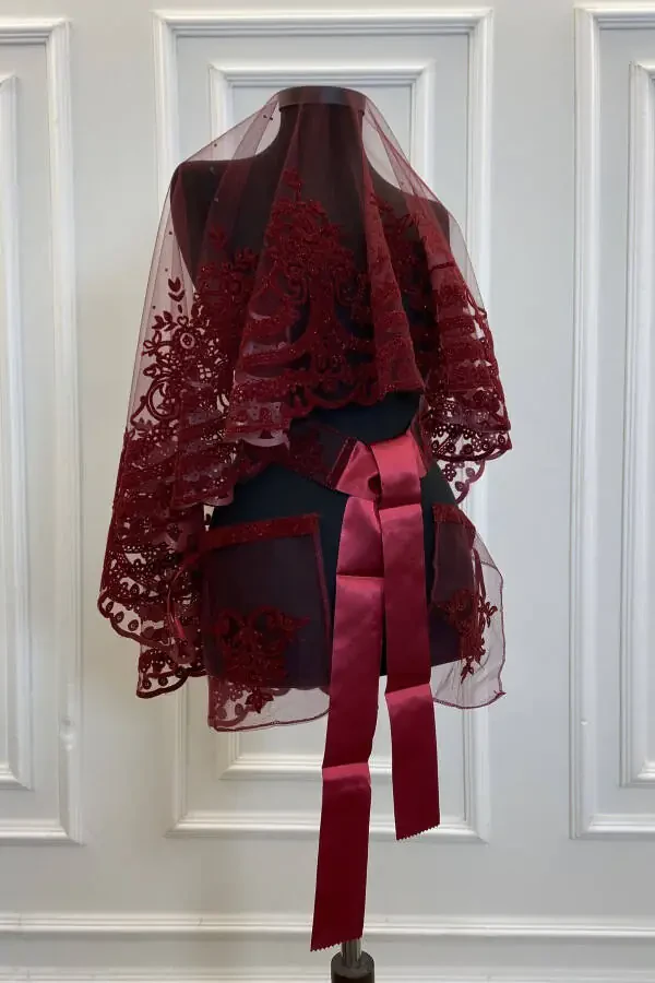 Burgundy Glitter Complete Sultan Patterned Bridal Veil Set, Henna Veil - 2