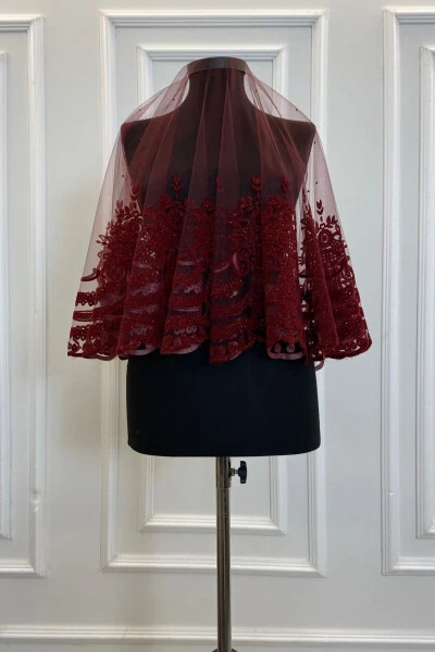 Burgundy Glitter Complete Sultan Patterned Bridal Veil Set, Henna Veil - 3