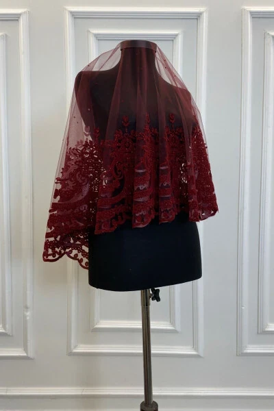 Burgundy Glitter Complete Sultan Patterned Bridal Veil Set, Henna Veil - 4