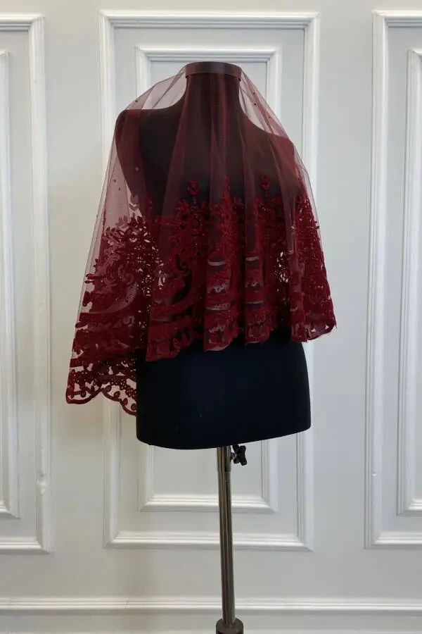 Burgundy Glitter Complete Sultan Patterned Bridal Veil Set, Henna Veil - 4