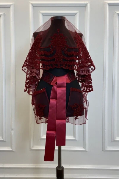 Burgundy Glitter Complete Sultan Patterned Bridal Veil Set, Henna Veil - 5