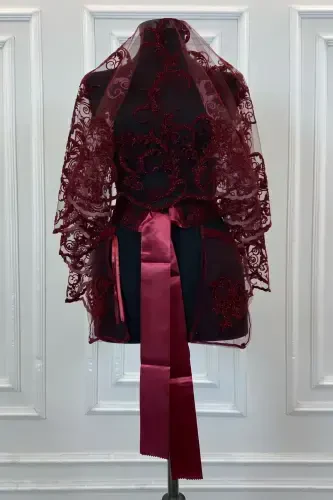 Burgundy Glittery Full Long Patterned Bridal Veil Set, Henna Veil-FLOKUZUNBORDO - 1