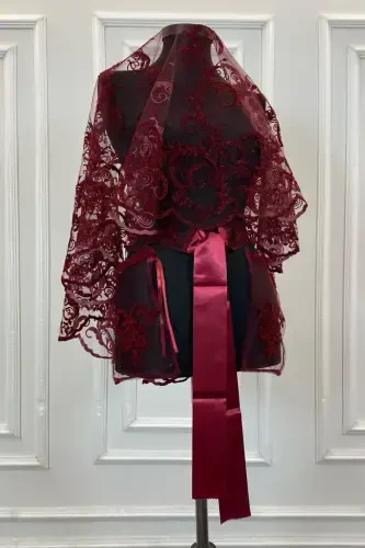 Burgundy Glittery Full Long Patterned Bridal Veil Set, Henna Veil-FLOKUZUNBORDO - ZEYMERADE (1)