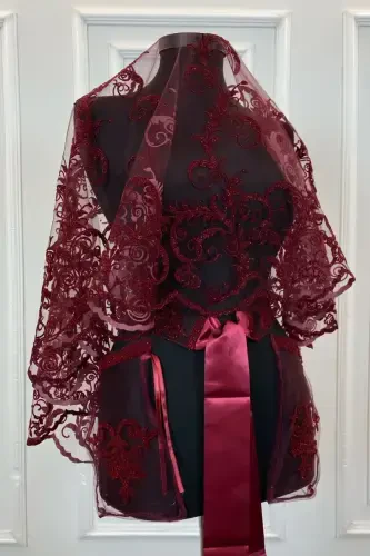 Burgundy Glittery Full Long Patterned Bridal Veil Set, Henna Veil-FLOKUZUNBORDO - 3
