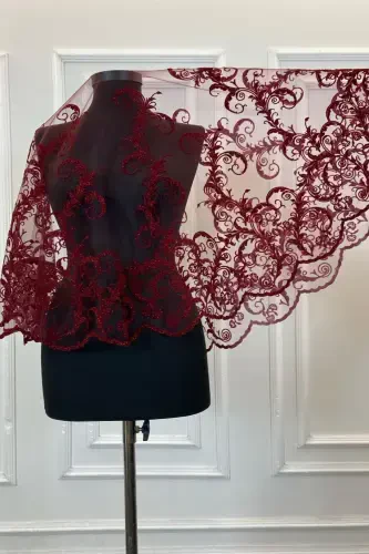 Burgundy Glittery Full Long Patterned Bridal Veil Set, Henna Veil-FLOKUZUNBORDO - 4