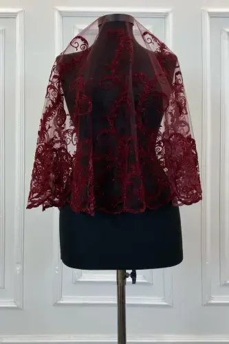 Burgundy Glittery Full Long Patterned Bridal Veil Set, Henna Veil-FLOKUZUNBORDO - 5