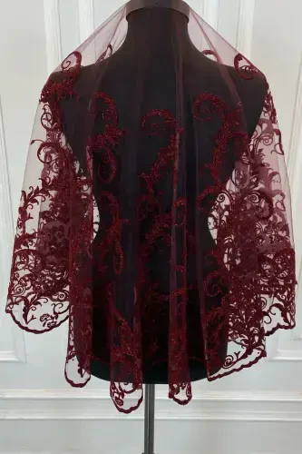 Burgundy Glittery Full Long Patterned Bridal Veil Set, Henna Veil-FLOKUZUNBORDO - 6