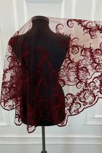 Burgundy Glittery Full Long Patterned Bridal Veil Set, Henna Veil-FLOKUZUNBORDO - 7