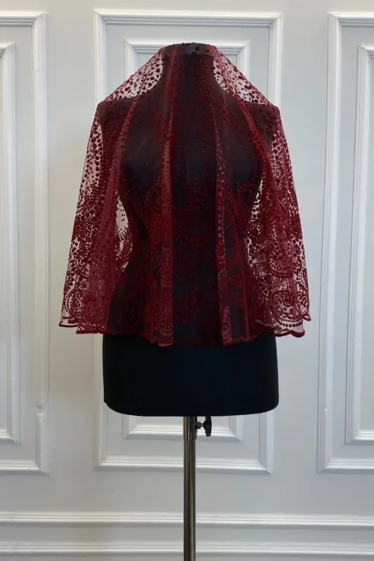 Burgundy Glittery Fully Patterned Bridal Veil Set, Henna Veil-FLOKSWAROVSKI BURGUNDY - 4