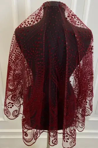 Burgundy Glittery Fully Patterned Bridal Veil Set, Henna Veil-FLOKSWAROVSKI BURGUNDY - 5