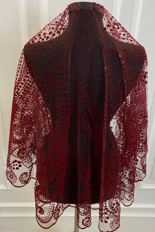 Burgundy Glittery Fully Patterned Bridal Veil Set, Henna Veil-FLOKSWAROVSKI BURGUNDY - 5