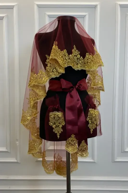 Burgundy Gold Sparkling Guipure Bridal Henna Veil Set Wedding Henna Night Face Cover Red-BurgundyGold - ZEYMERADE