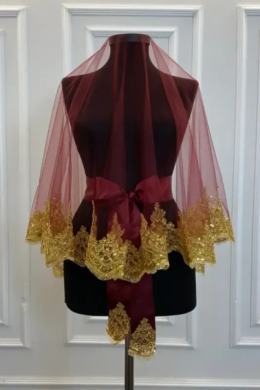 Burgundy Gold Sparkling Guipure Bridal Henna Veil Set Wedding Henna Night Face Cover Red-BurgundyGold - 3
