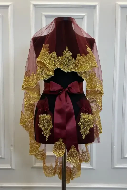 Burgundy Gold Sparkling Guipure Bridal Henna Veil Set Wedding Henna Night Face Cover Red-BurgundyGold - 4
