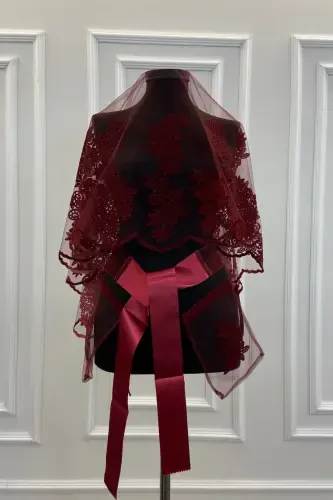 Burgundy Guipure Patterned Flock Print Glittery Bridal Veil Sash Glove Set-FLOKGÜPÜRBORDO - 1