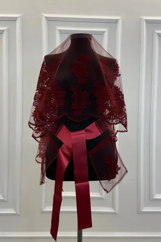 Burgundy Guipure Patterned Flock Print Glittery Bridal Veil Sash Glove Set-FLOKGÜPÜRBORDO - ZEYMERADE