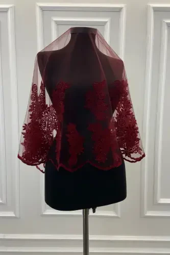 Burgundy Guipure Patterned Flock Print Glittery Bridal Veil Sash Glove Set-FLOKGÜPÜRBORDO - 2