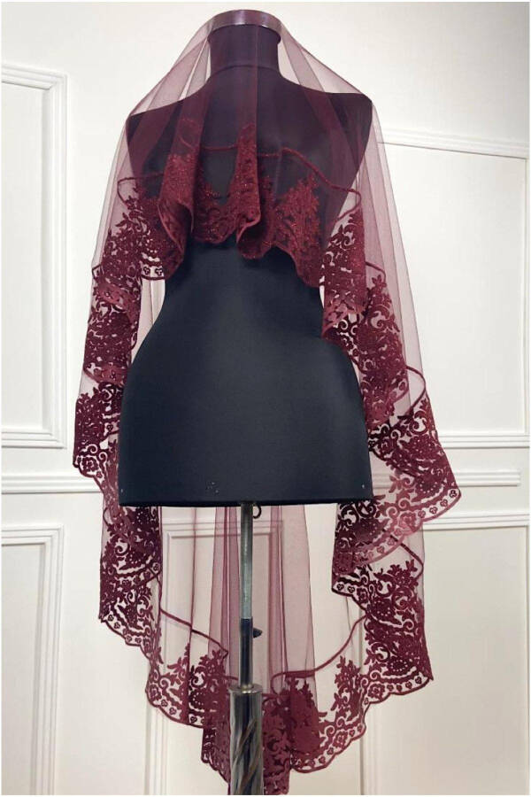 Burgundy Henna Veil, Bridal Veil Set Groom Shoulder Cover Scarf Rose 8 Piece Set - 34