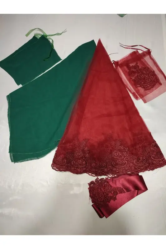 Burgundy Lace Bridal Henna Veil Special Set With Fabric Groom Henna Cover Glove and Belt-Pine - 1